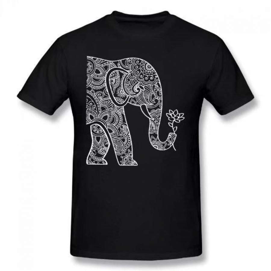 Left Side Elephant Holding Lotus Boho Trendy Hip Style Fashion Summer Basic Casual Short Cotton T-Shirt