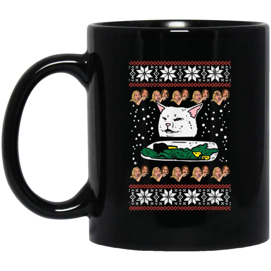 Woman Yelling At Cat Ugly Christmas Sweater Funny Meme Black Mug