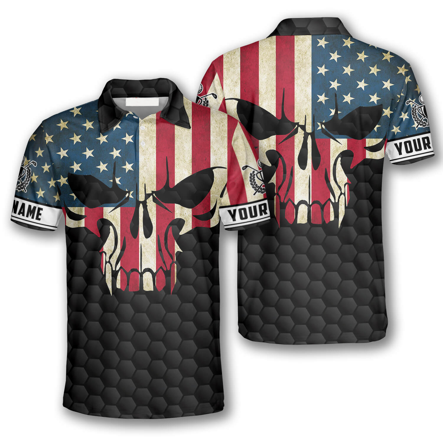 Golf Skull American Flag Custom Golf Polo Shirts For Men