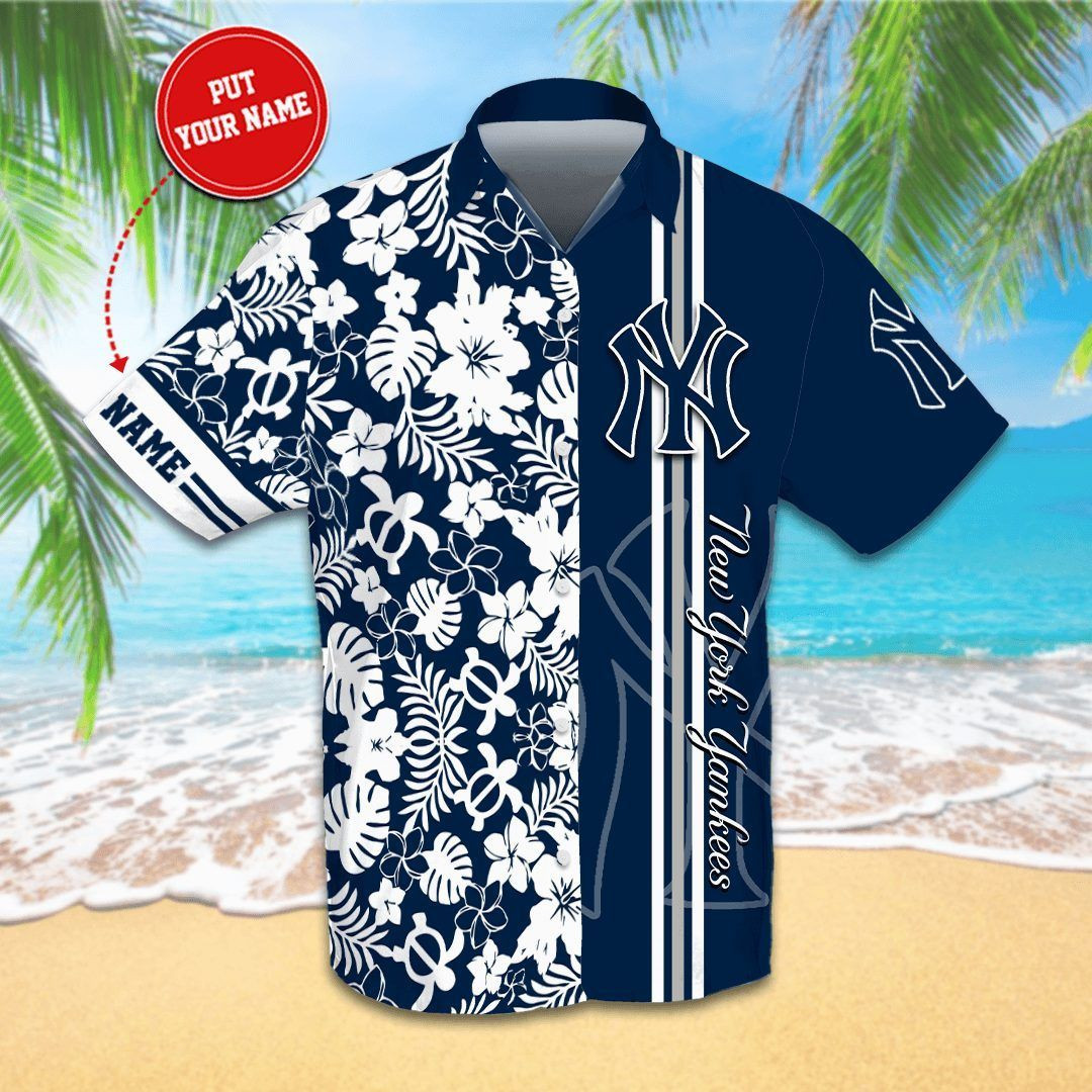 Personalized New York Yankees All Over Print 3D Flowery Aloha Summer Beach Hawaiian Shirt - Navy - Yankees World Series Tshirt