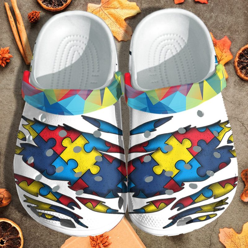 Autism Puzzel Tear Style Shoes Vintage – Autism Awareness White Shoes Croc Clogs Gifts For Son