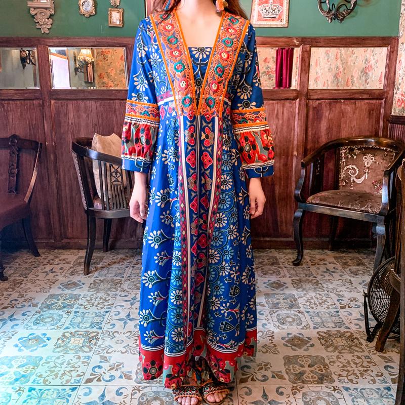 Boho tourist holiday beach dress Nepal retro print long style dress south Korean web celebrity fashion temperament thin dress alx