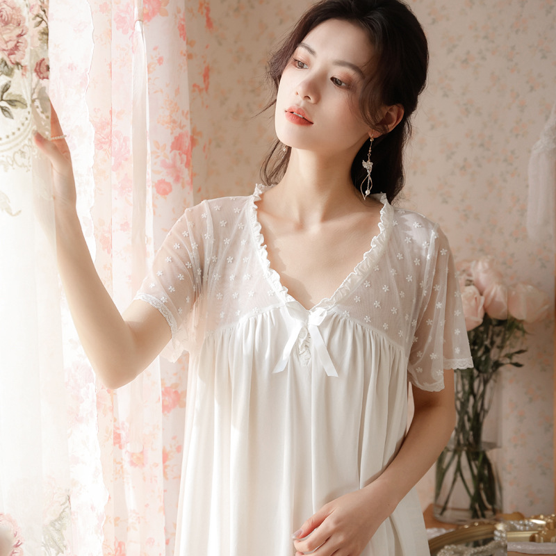 Women Cotton Night Dress Summer Sexy Lace Short Sleeve Nighty White Long Peignoir Victorian Vintage Nightgown Princess Sleepwear alx