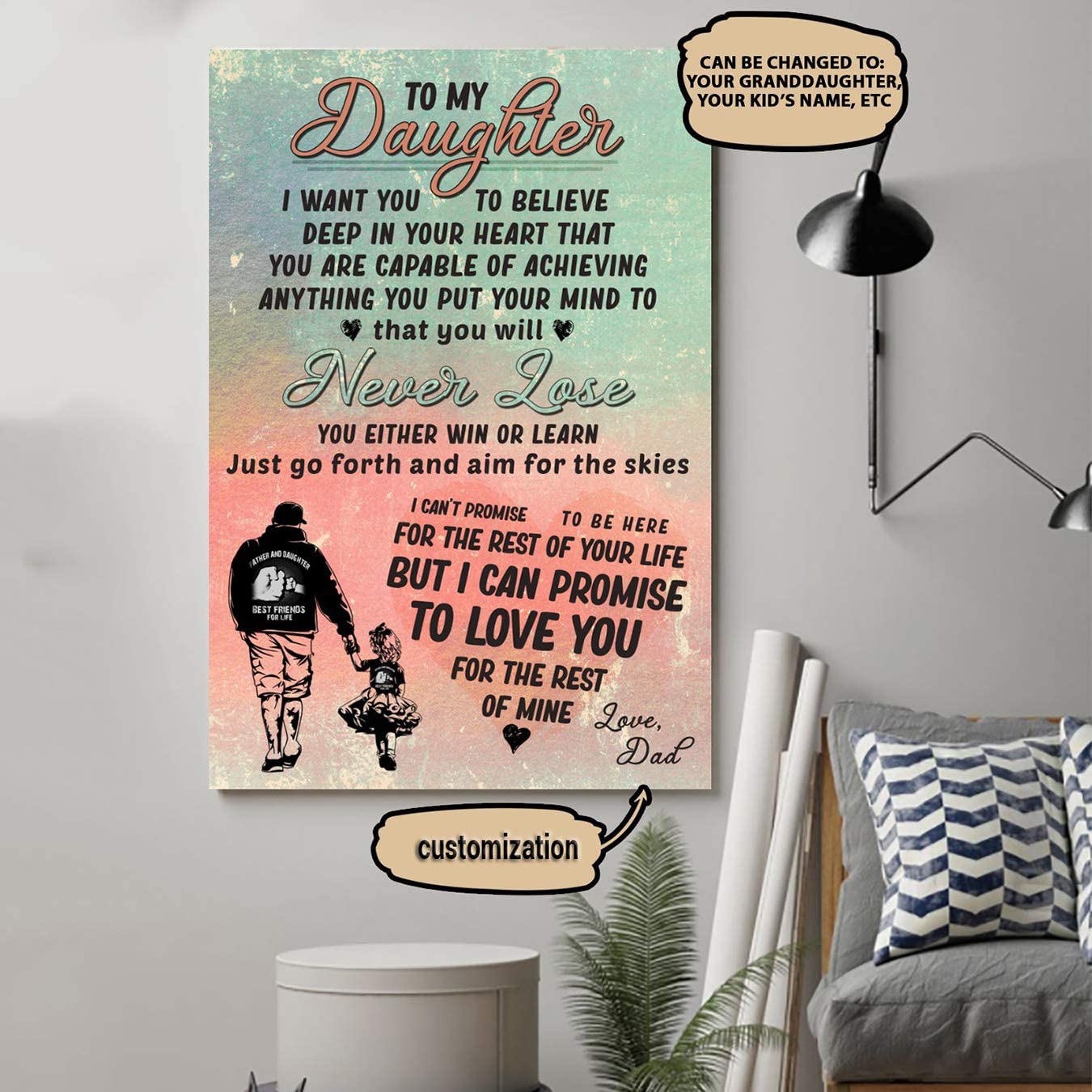 Poster for Room Aesthetic -Command Strips Wall Decor – Dn48 Customizable Family Poster – Dad to Daughter – Never Lose