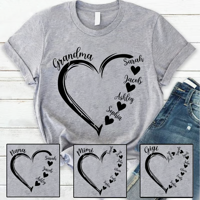 Grandma And Grandkids, Best Gifts For Mother’S Day, Personalized Heart Name For Mom Grandma, Mother’S Day Gift Shirt