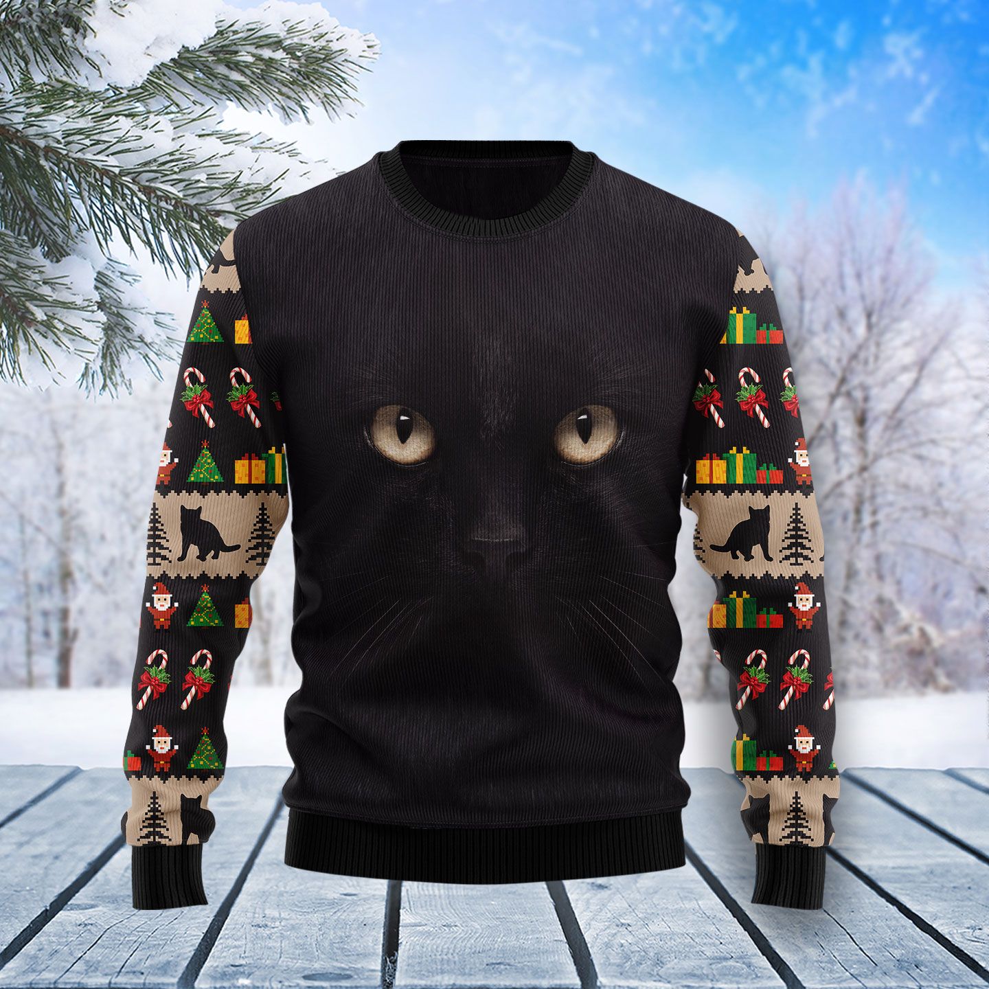 Black Cat Cute Face Ugly Christmas Sweater | For Men & Women | Adult | Us5168