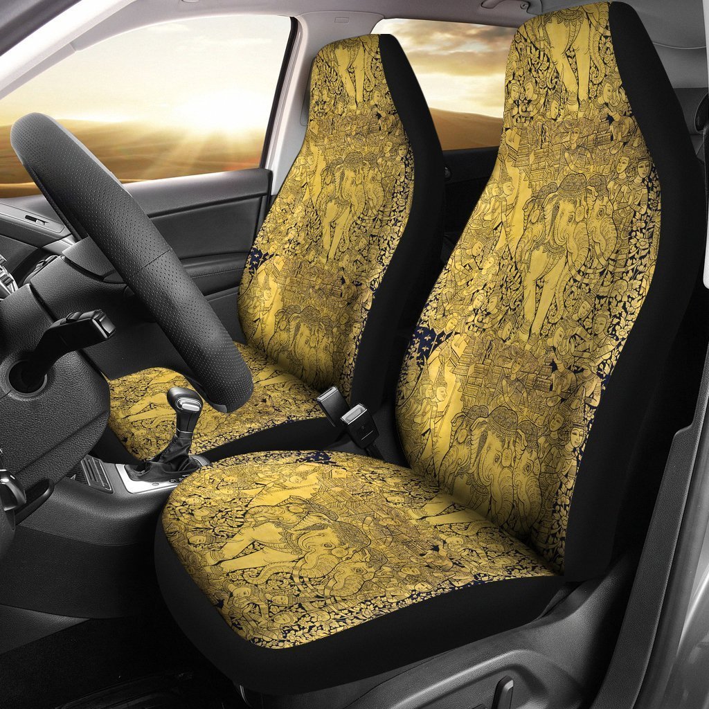 Thai Golden Elephant Print Seat Cover Car Seat Covers Set 2 Pc, Car Accessories Car Mats