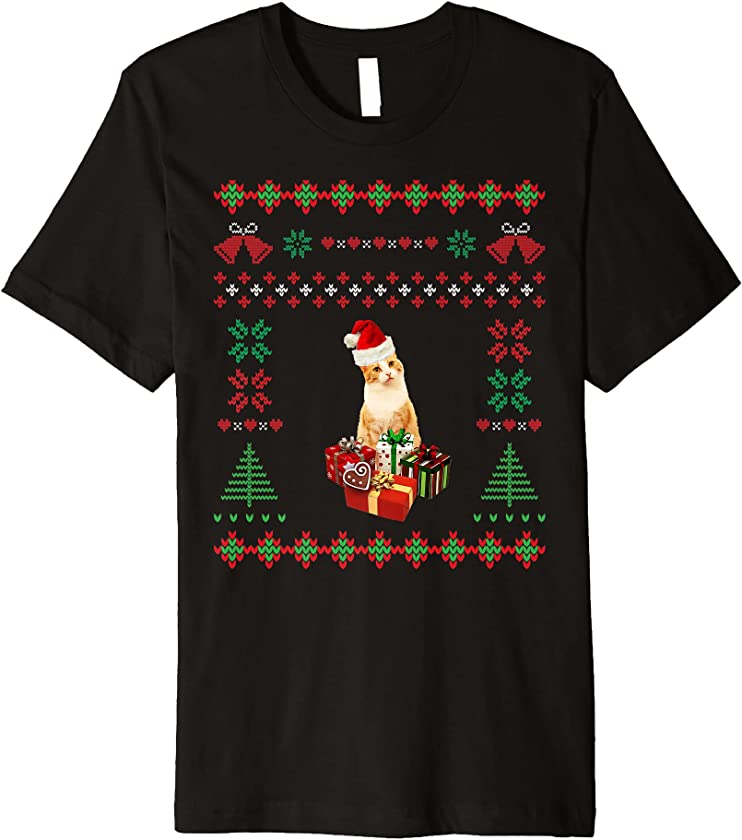 Ugly Christmas Sweater Santa Claus Hat Presents Cat Premium T-Shirt