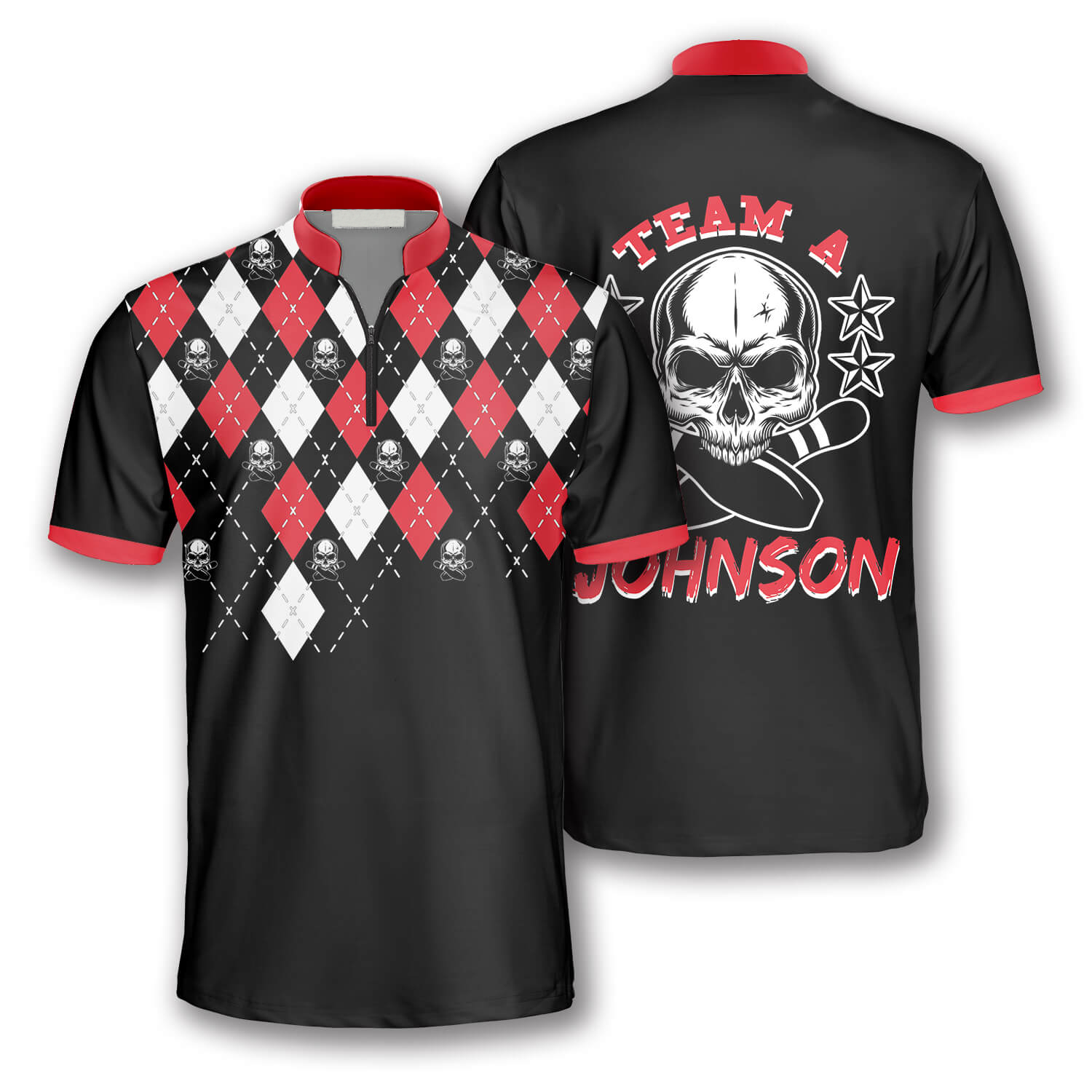 Skull Red Argyle Pattern Custom Bowling Jerseys For Men, Perfect Gift For Bowler, Skull Bowling Shirt