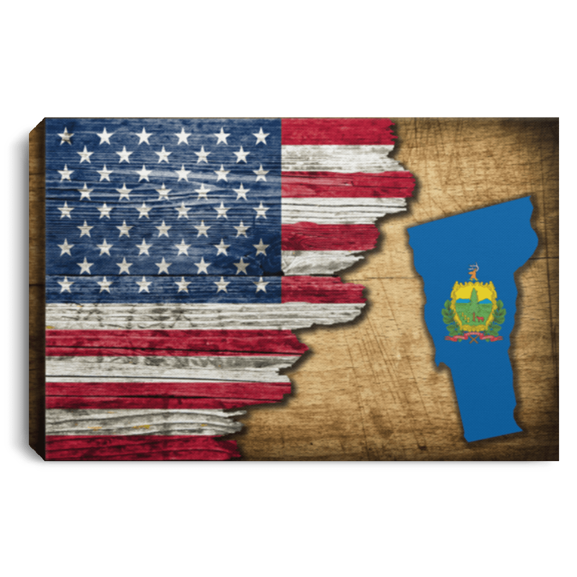 United States/Vermont Flag Ripped Effect 12X8 Inches Landscape Canvas .75In Frame