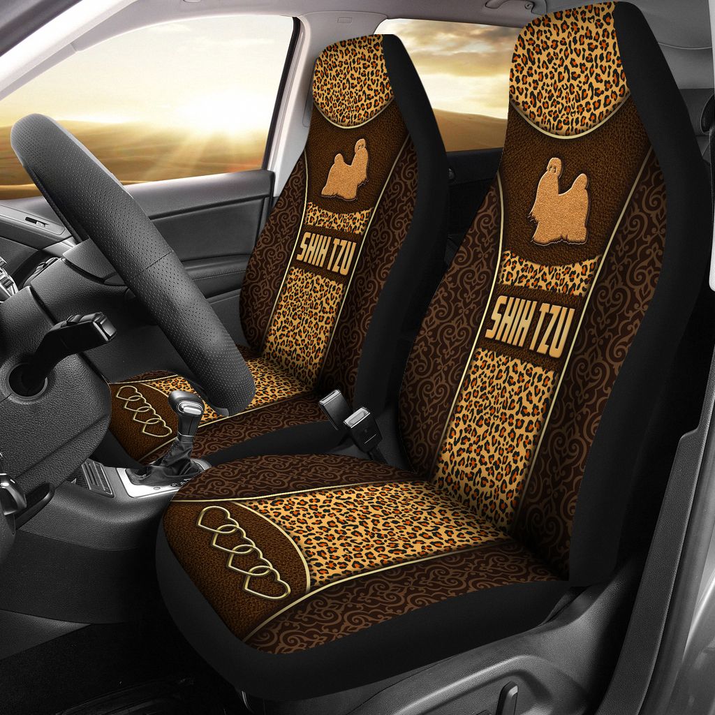 Shih Tzu Dog Vintage Classic Pattern Leopard Leather Texture Car Seat Covers, Seat Covers Full Set, Carseat Covers, Automotive Seat Covers