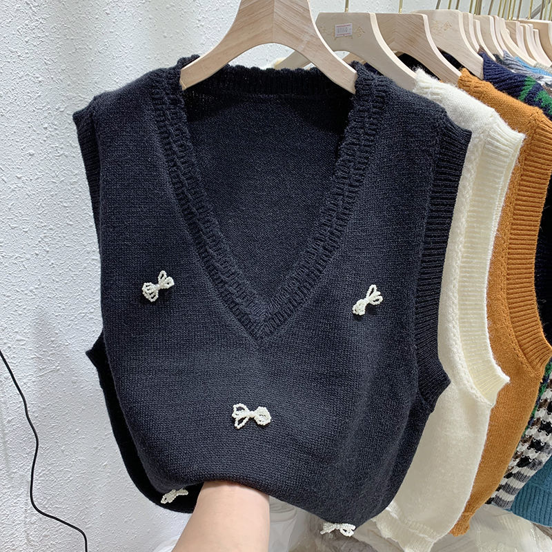 Sweater Vest Women V-neck Bow Patchwork Sleeveless Knitted Vintage Korean Style Fashion All-match Casual Female Autumn Cozy Ins alx