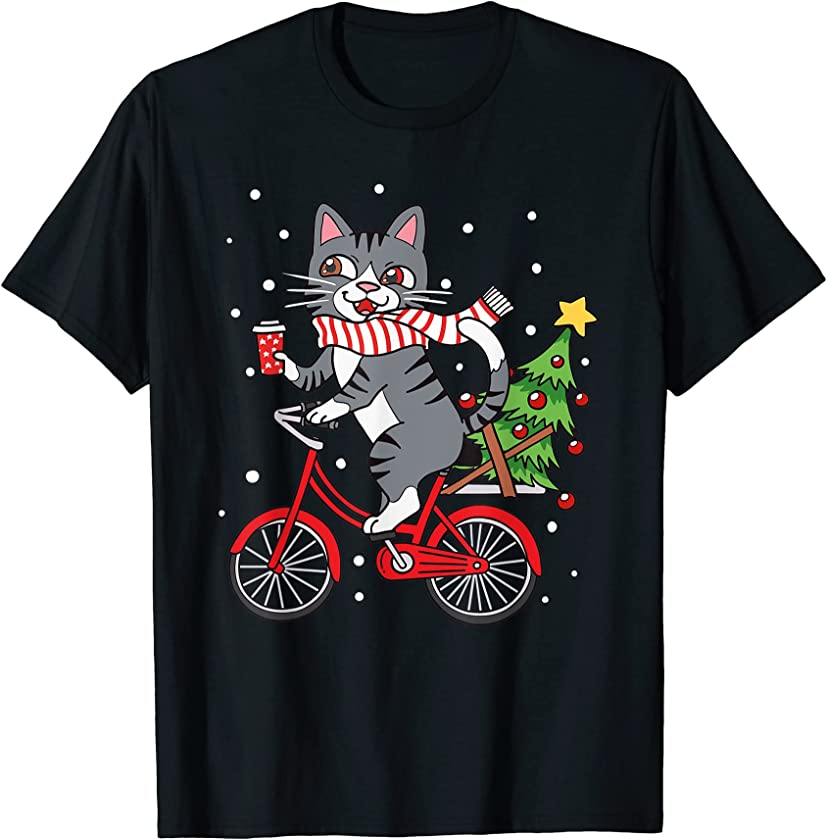 Cat Riding Bike Christmas Pajama Cute X-Mas Tree Kitten T-Shirt