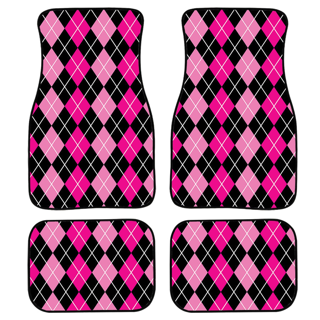 Deep Pink And Black Argyle Pattern Print Front And Back Car Floor Mats, Front Car Mat