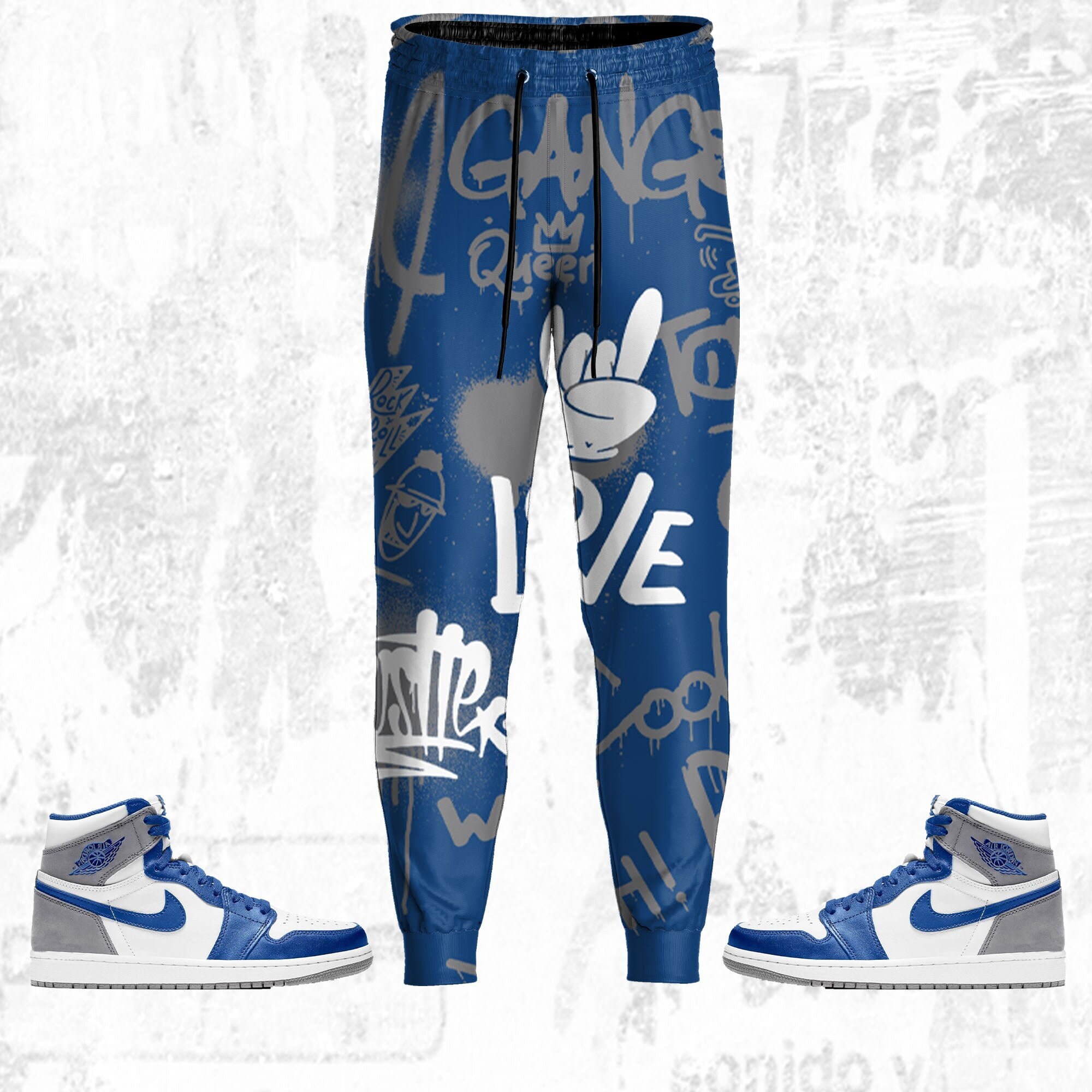 Doodle Style ST Unisex Pants match Jordan 1 High OG True Blue, Pants 3D match Jordan Sneaker