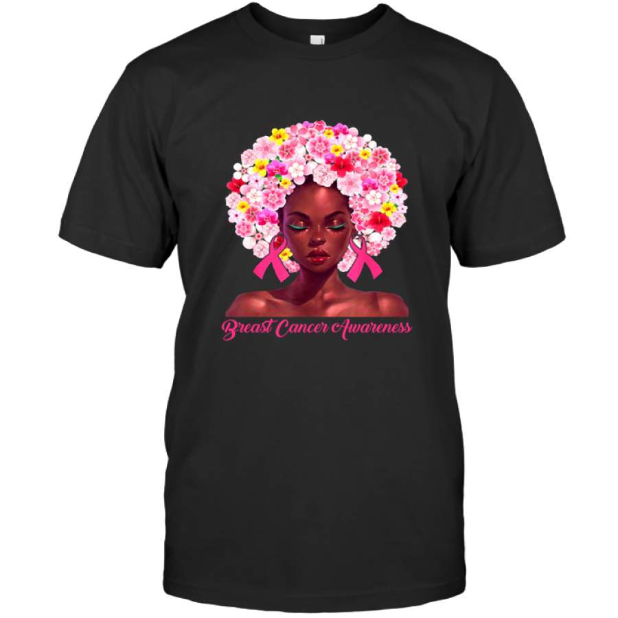 Pink Flowers Afro Hair Black Woman Breast Cancer Awareness T Shirt