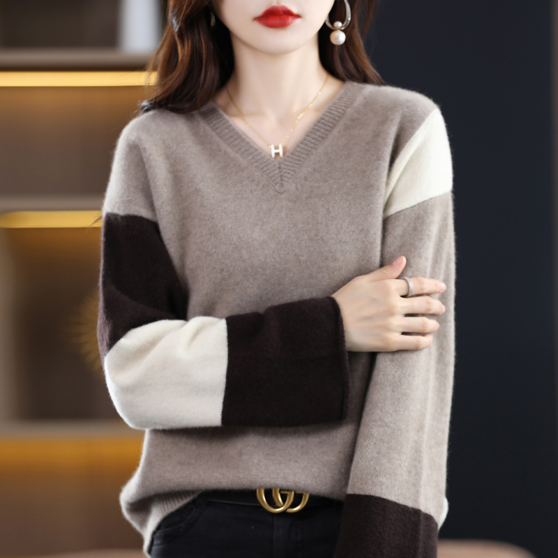 Cashmere Sweater Women’s V-neck Colorblock Top 100% Merino Wool Casual Knitting Fashion Loose Pullover Autumn Winter Thicken alx