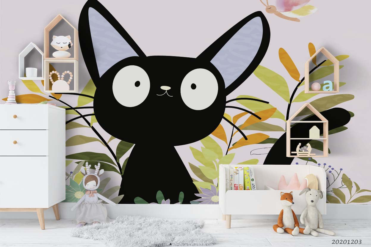 3D Cartoon Black Cat Animal Green Plant Pattern Wall Mural Wallpaper Lxl