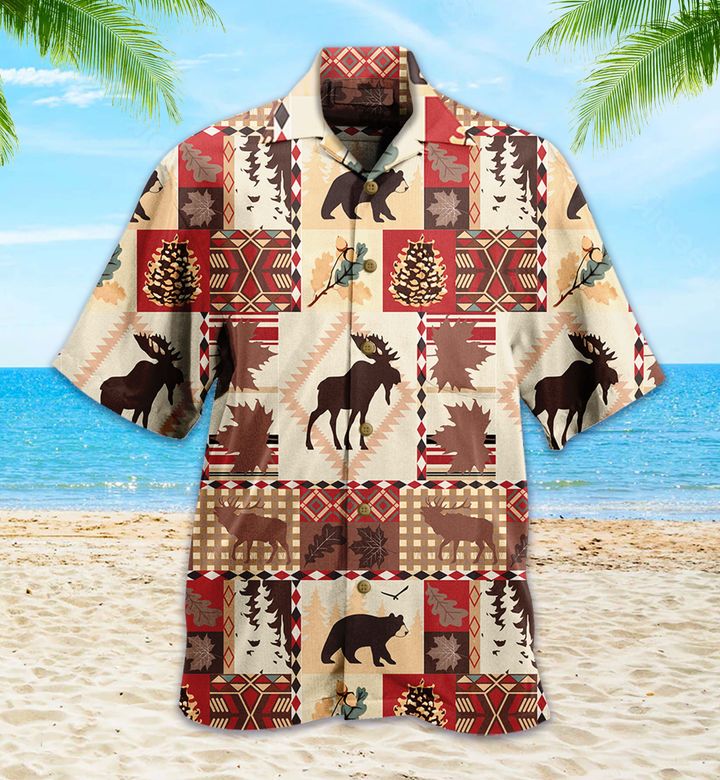 Bear And Reindeer Lodge Brown Hawaiian Shirt 3D