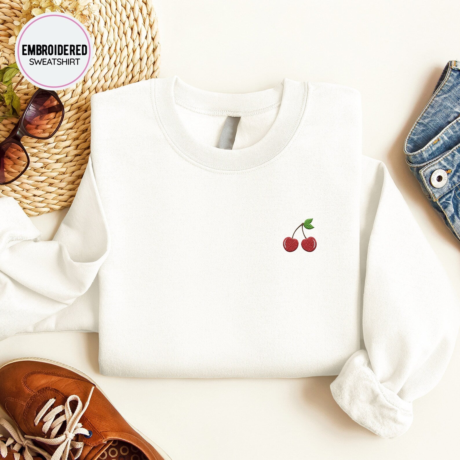 Cherries Embroidered Sweatshirt 2D Crewneck Sweatshirt All Over Print Sweatshirt For Women Sweatshirt For Men Sws2866