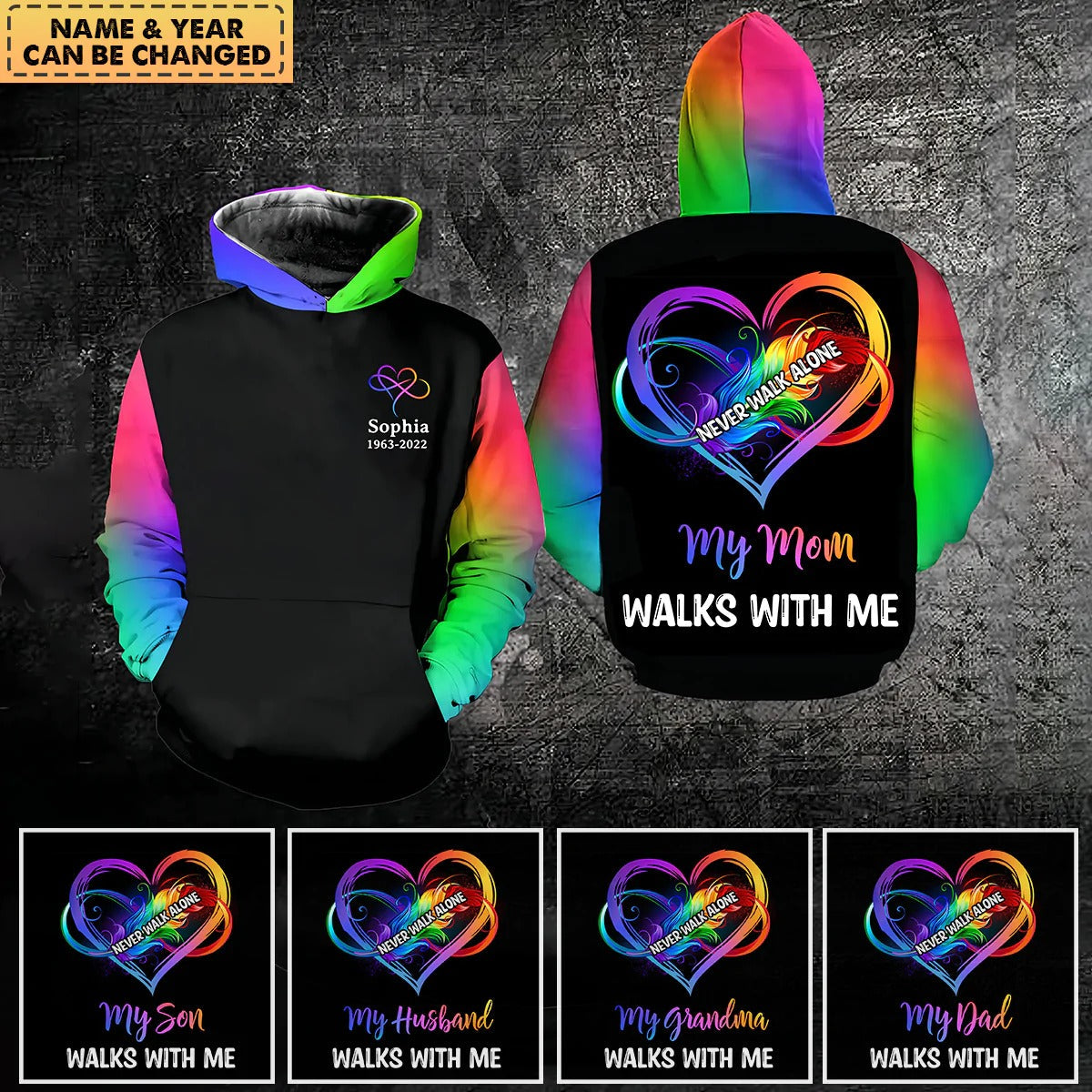 Personalized Never Walk Alone Rainbow Feather Heart Hoodie, Remembrance Hoodie, Memorial Hoodie Lost Of Mom Gift