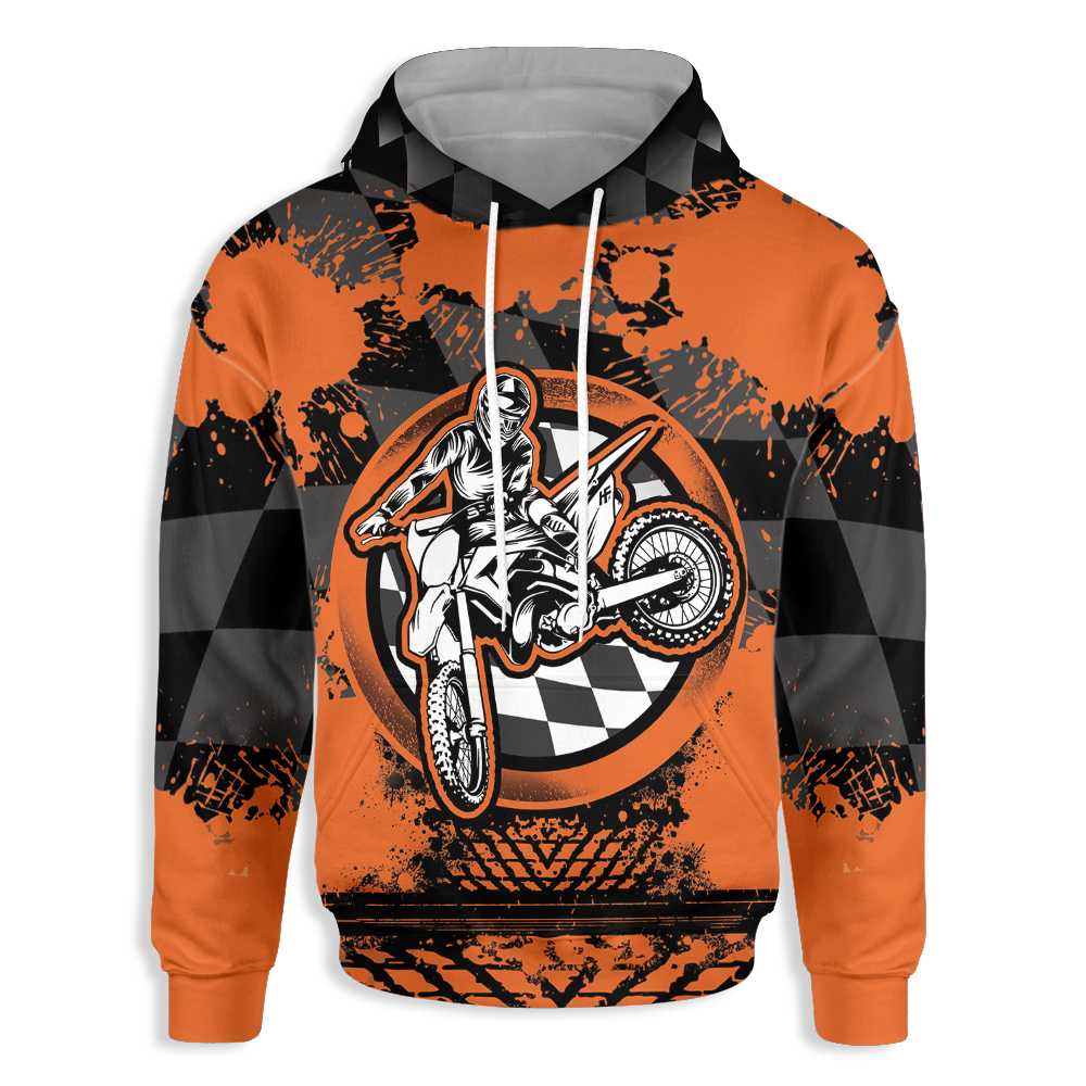 Dirt Bike Racing Shirt In Orange All Over Print Hoodie, Unique Racing Motorcycle Hoodie For Men & Women