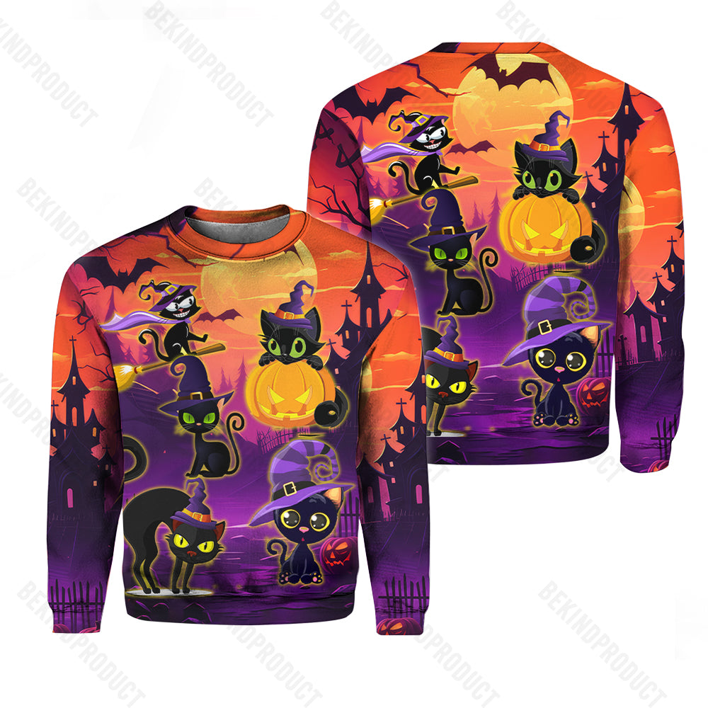 Halloween Black Cats Witch Purple Light And Moon At Night Crewneck Sweatshirt All Over Print Sweatshirt For Women Sweatshirt For Men Swn1034