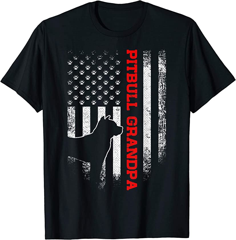 Vintage USA American Flag Proud PitBull Grandpa Silhouette T-Shirt