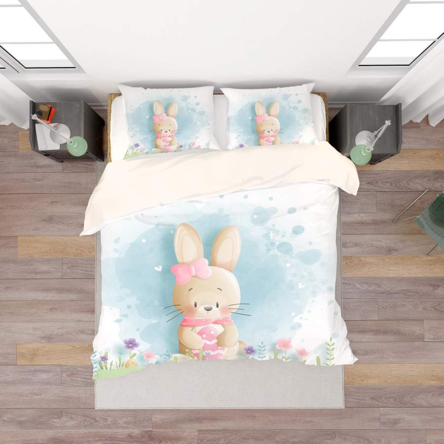 3D White Blue Rabbit Floral Egg Quilt Cover Set Bedding Set Duvet Cover Pillowcases SF55