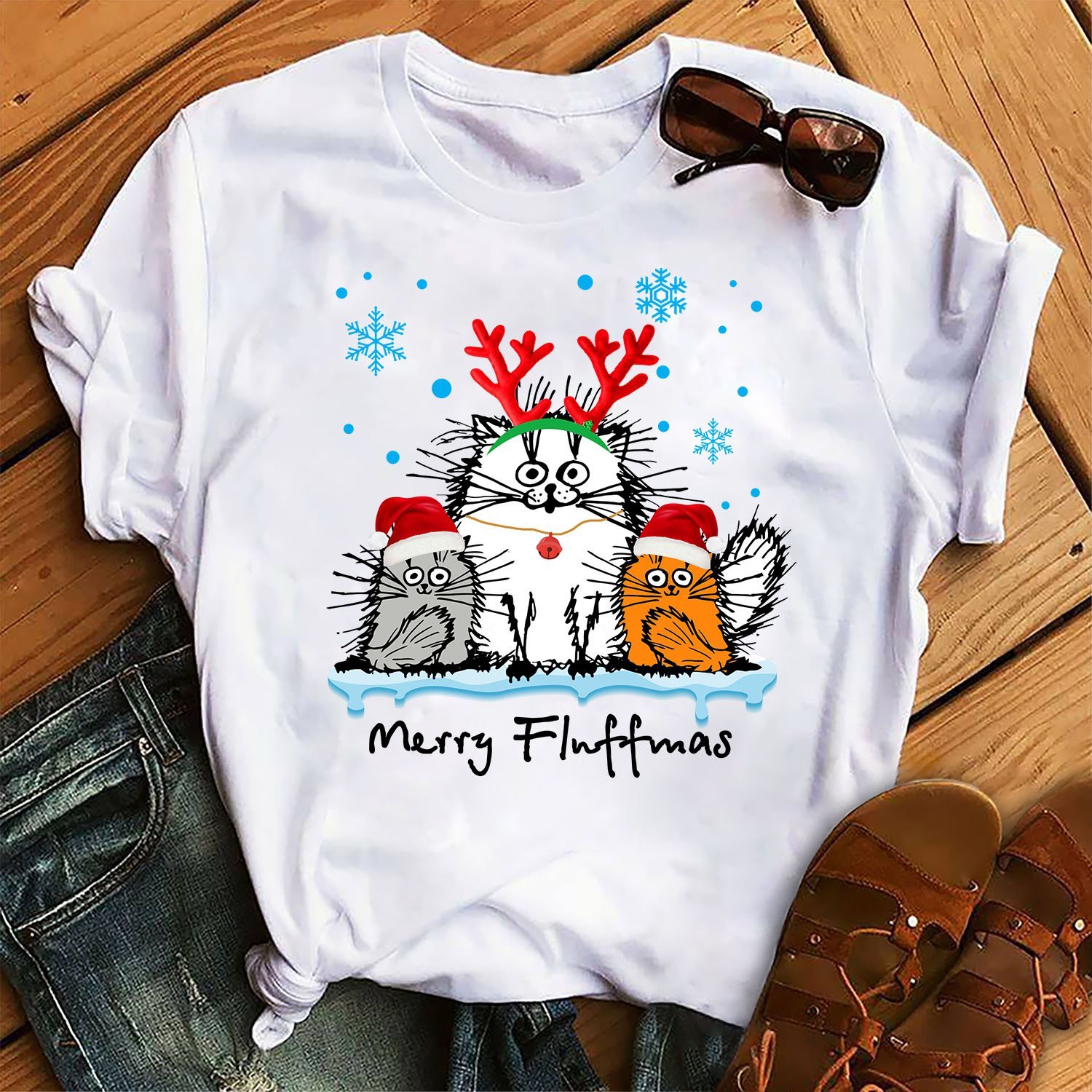 Merry Fluffmas Funny Cat Kitten Fluff Christmas Costume Unisex T-Shirt Hoodie Sweatshirt Plus Size S-5Xl