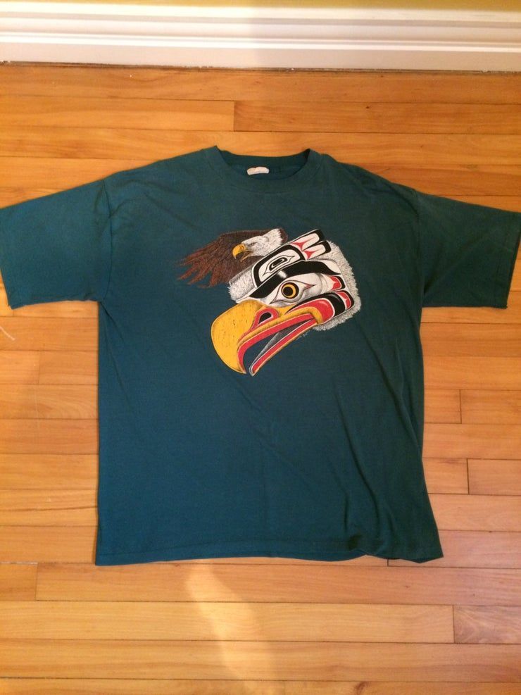 Vintage 80S 90S Native Eagle Totem Pole Carving Artwork Green Shirt