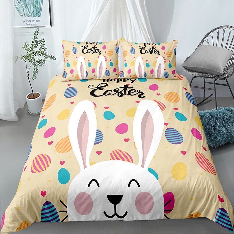 Cartoon 3D Rabbit Printed Bedding Set Easter Egg Duvet Cover Pillowcase For Home Bedroom Boho Decor Queen King Size