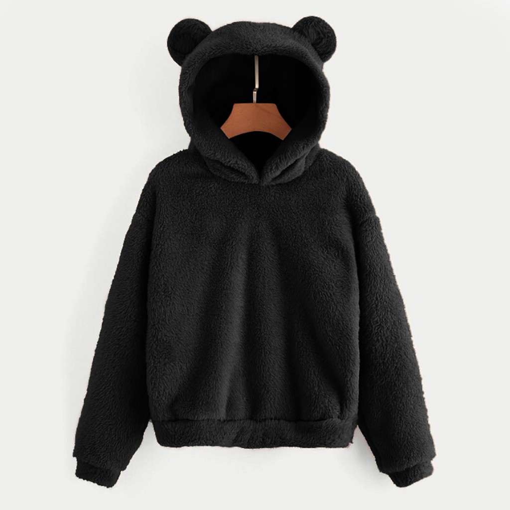 40#Fluffy Hoodies Women Kawaii Sweatshirt Cute Bear Ear Cap Autumn Winter Warm pullover Long Sleeve Outwear Fleece Coat moletom alx