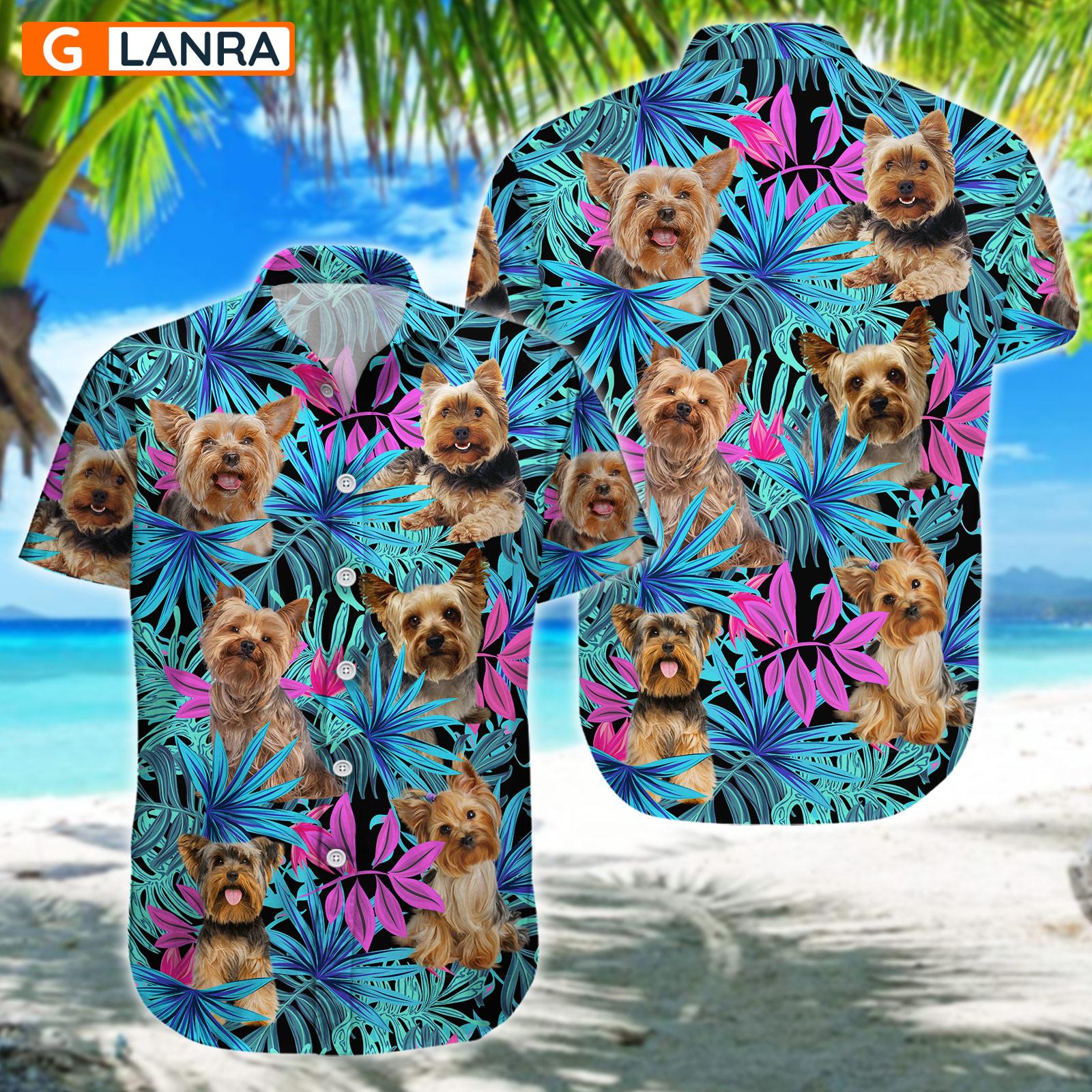 Yorkshire Terrier Palm Leaves Button Shirt, Yorkie Dog Button Shirt, Summer Dog Hawaiian Shirt, Dog Leaf Hawaiian Shirt, Summer Tropical Shirt