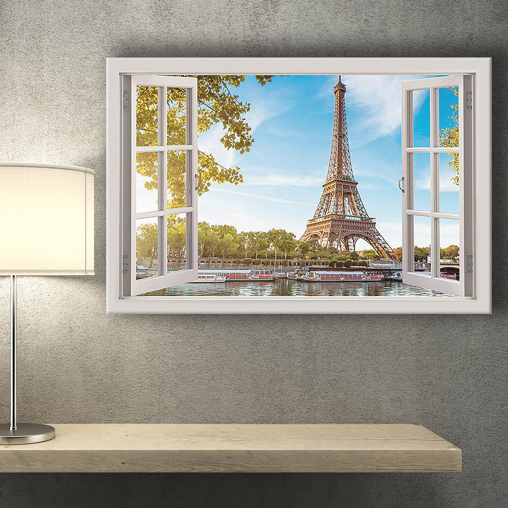 Paris Summer Eiffel Tower 3D Window Bay View Canvas Print – Canvas Painting, Canvas Art, Wall Art, Wall Decor