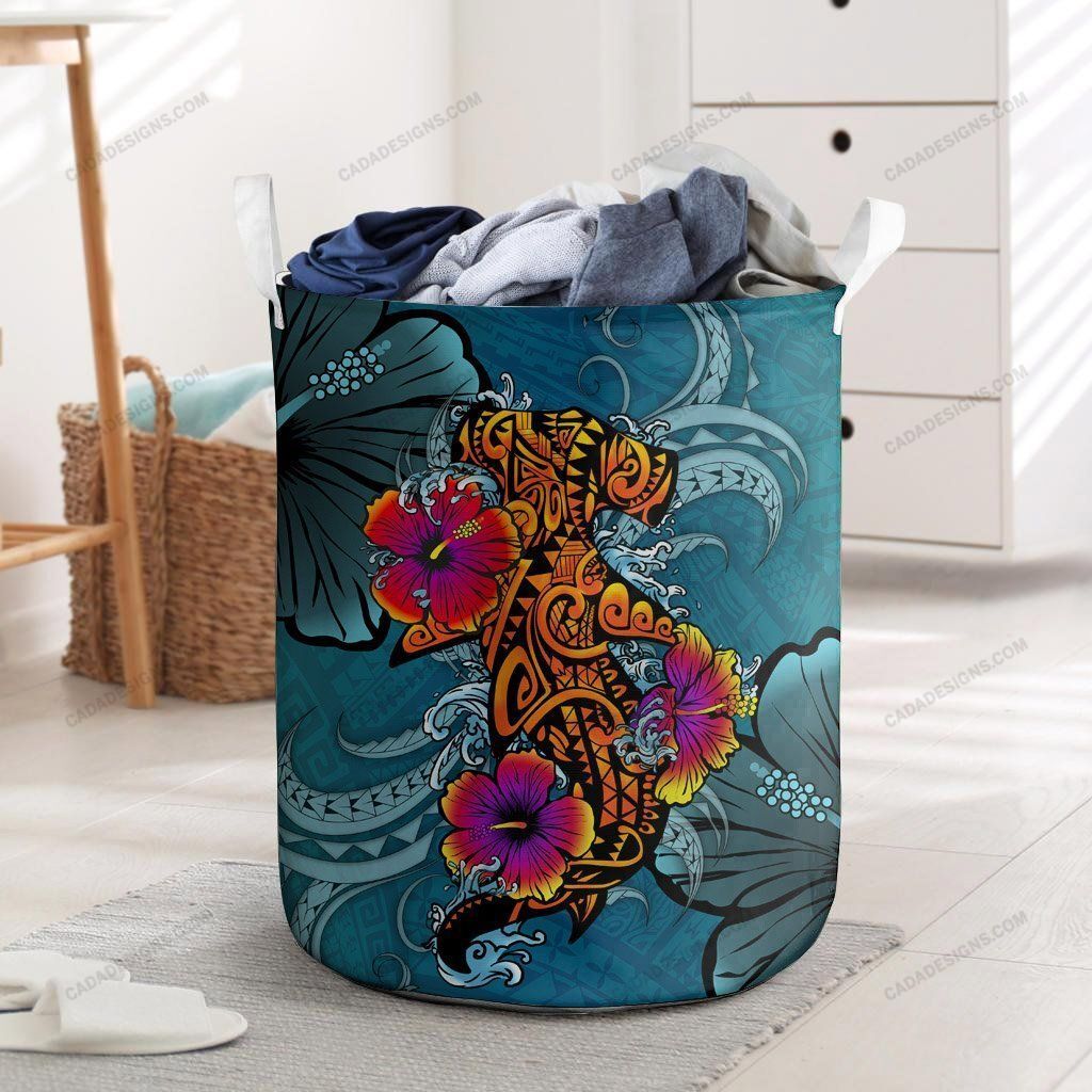 Aesthetic Polynesian Hammerhead Shark Hibiscus All Over Printed Laundry Basket