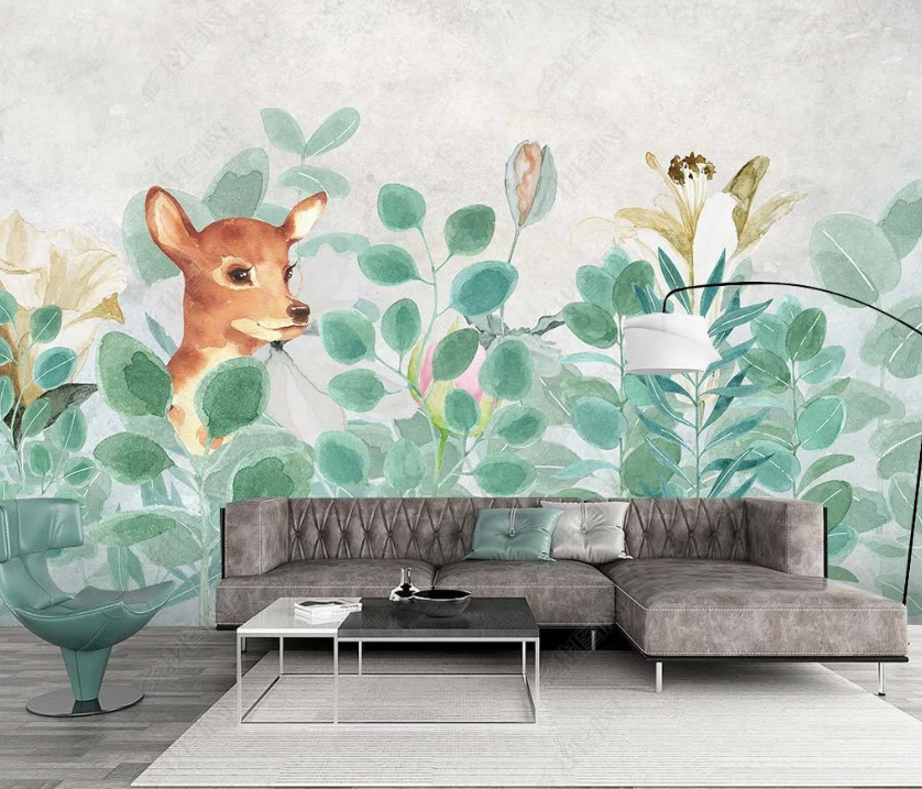 3D Watercolor Green Leaf Animal Deer Wall Mural Wallpaper Lqh 224