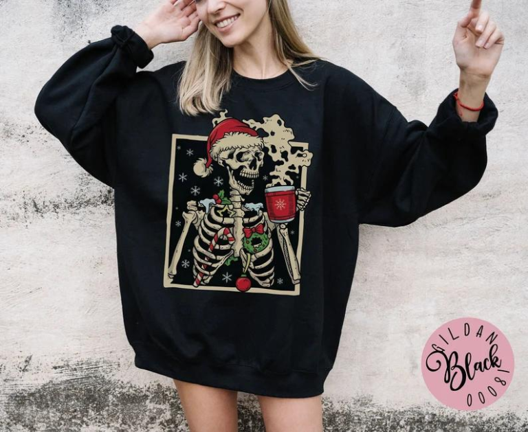 Dead Inside Skeleton With Coffee Christmas Sweatshirt, Coffee Lover Christmas Sweatshirt, Funny Skeleton Christmas Sweater