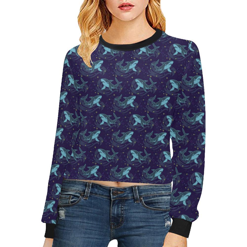 Shark Themed Print Cropped Pullover Sweatshirt