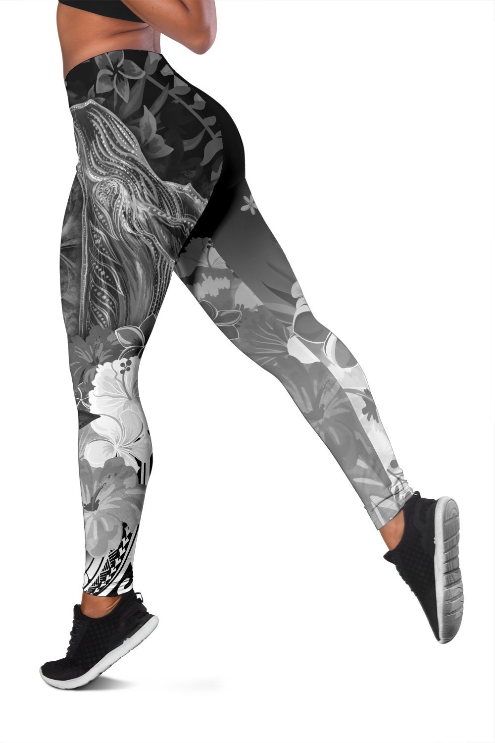 American Samoa Polynesian Women’s Leggings – Humpback Whale with Tropical Flowers (White)- BN18