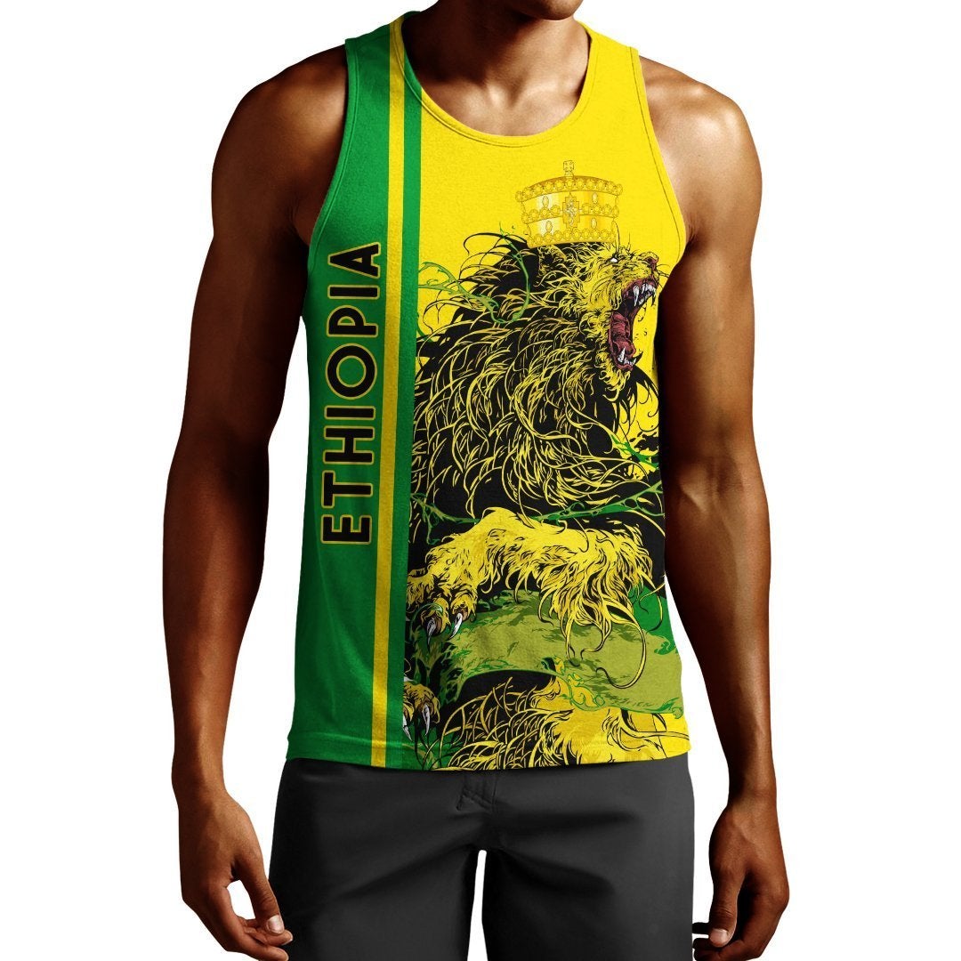 African Tank Top – Ethiopia Men’S Tank Top Quarter Style Lion Crown Green Yellow