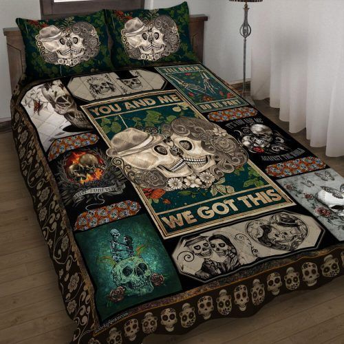 55DDTSKU-Skull Couple Quilt BED SET – Quilt – Sherpa BLANKET