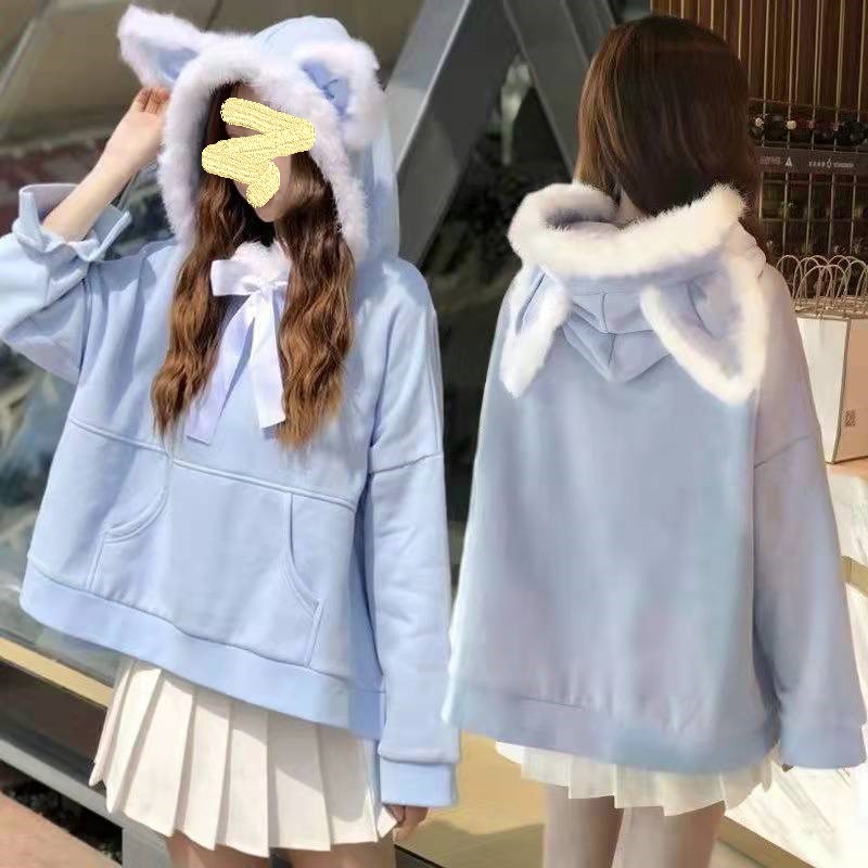 Women’s Hoodie Jumpers Tops Girl Hooded Rabbit Bunny Ears Solid Stitch Loose Pullovers Pink Cute Kawaii Kangaroo Pocket Furry alx