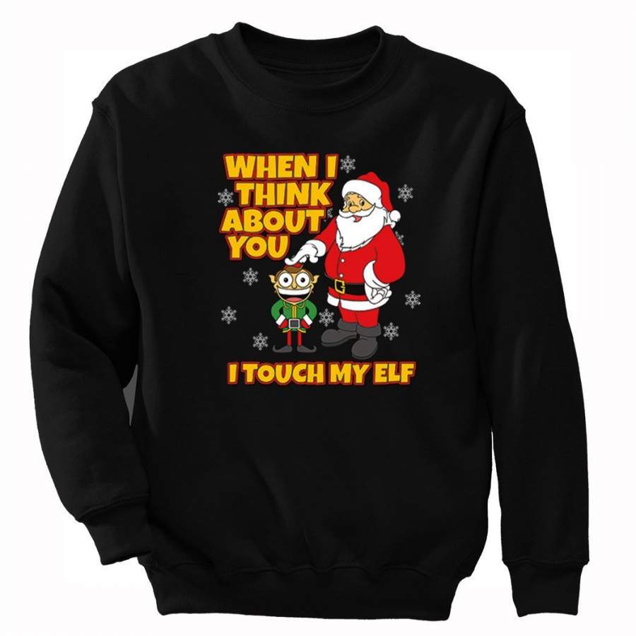 XtraFly Apparel Men’s When I Think About You I Touch My Elf Ugly Christmas Pullover Crewneck-Sweatshirt