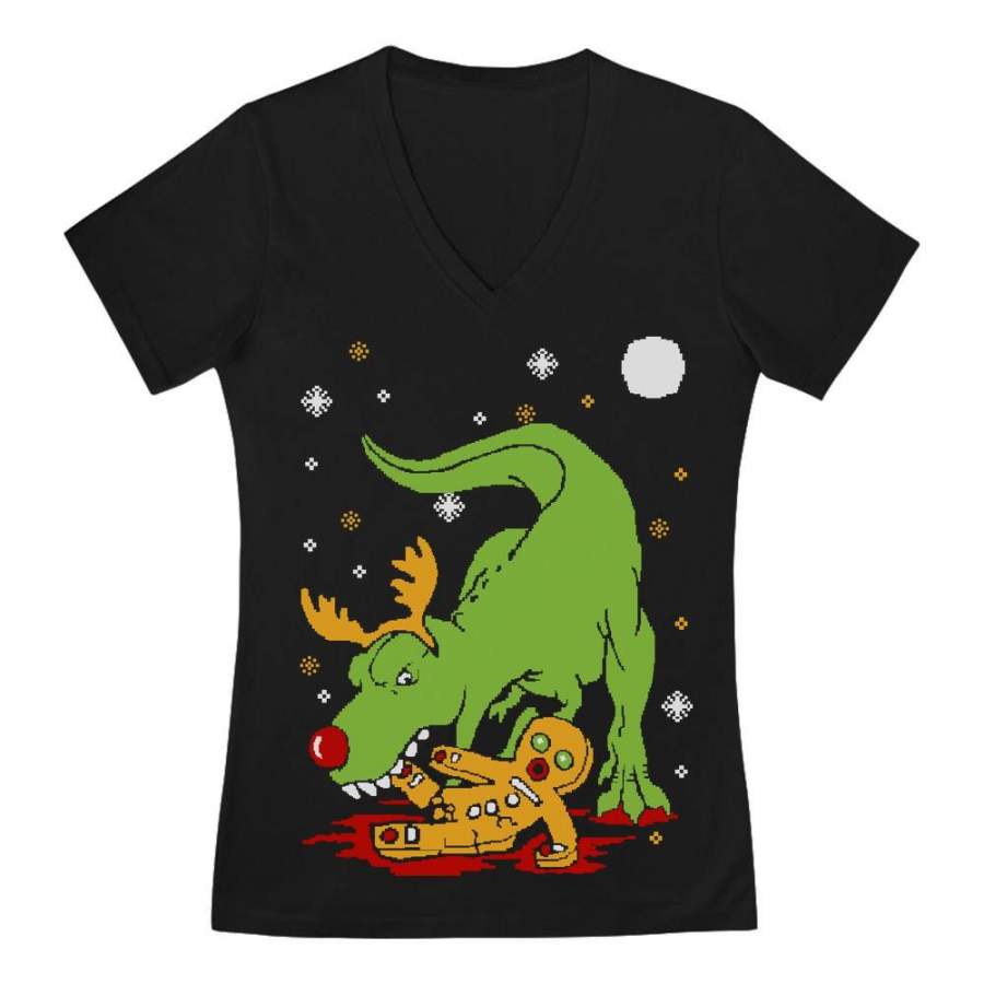 T-Rex Biting Gingerbread Ugly Christmas V-Neck Fitted Women T-Shirt