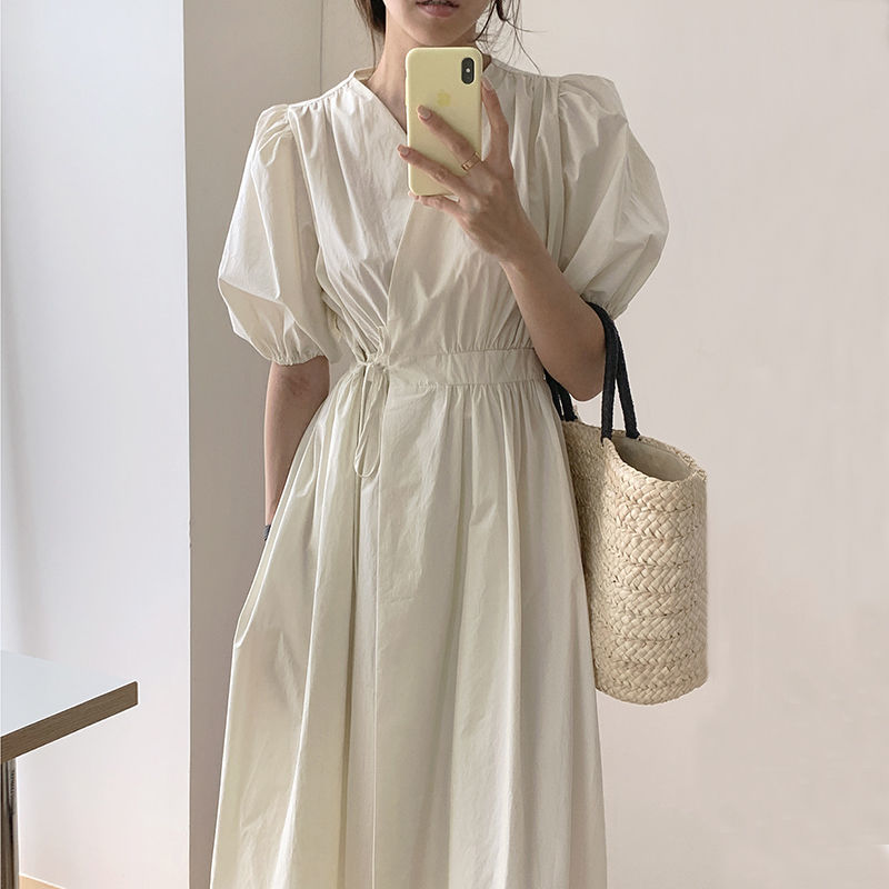 Summer Women white fashion Causal A-LINE dress female V- neck short puff sleeves dress for women’s Ankle-Length Sundress alx