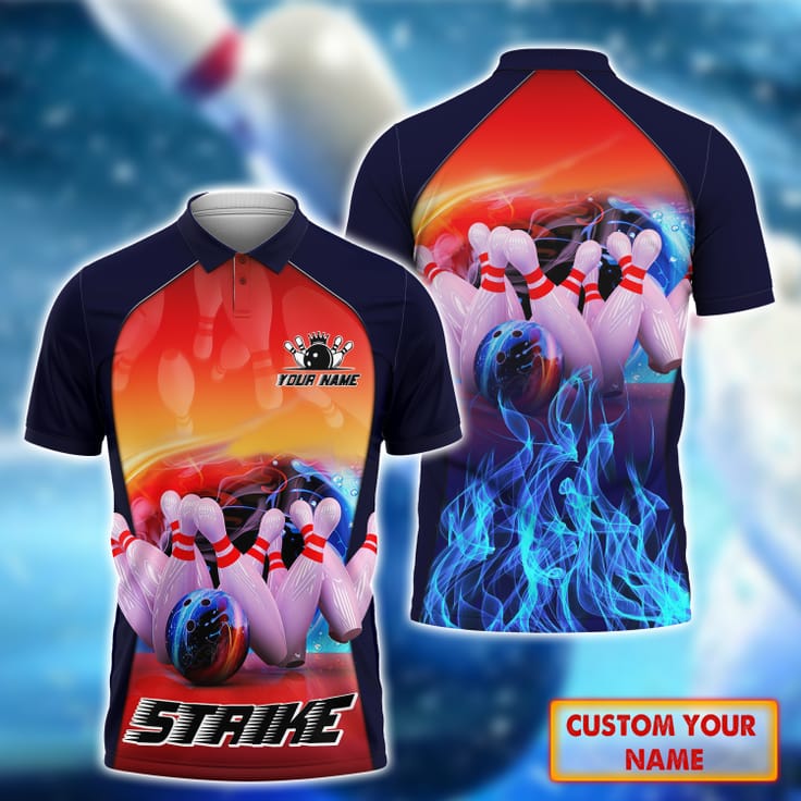 Personalized Bowling Strike On Fire 3D Polo Shirt, Custom Name Bowling Shirt For Men, Bowling Polo Shirt