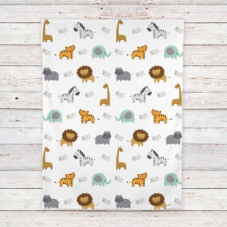 Safari Animals Baby Blanket, Personalized Baby Blanket Gift, Toddler Blanket, Baby Shower Gift