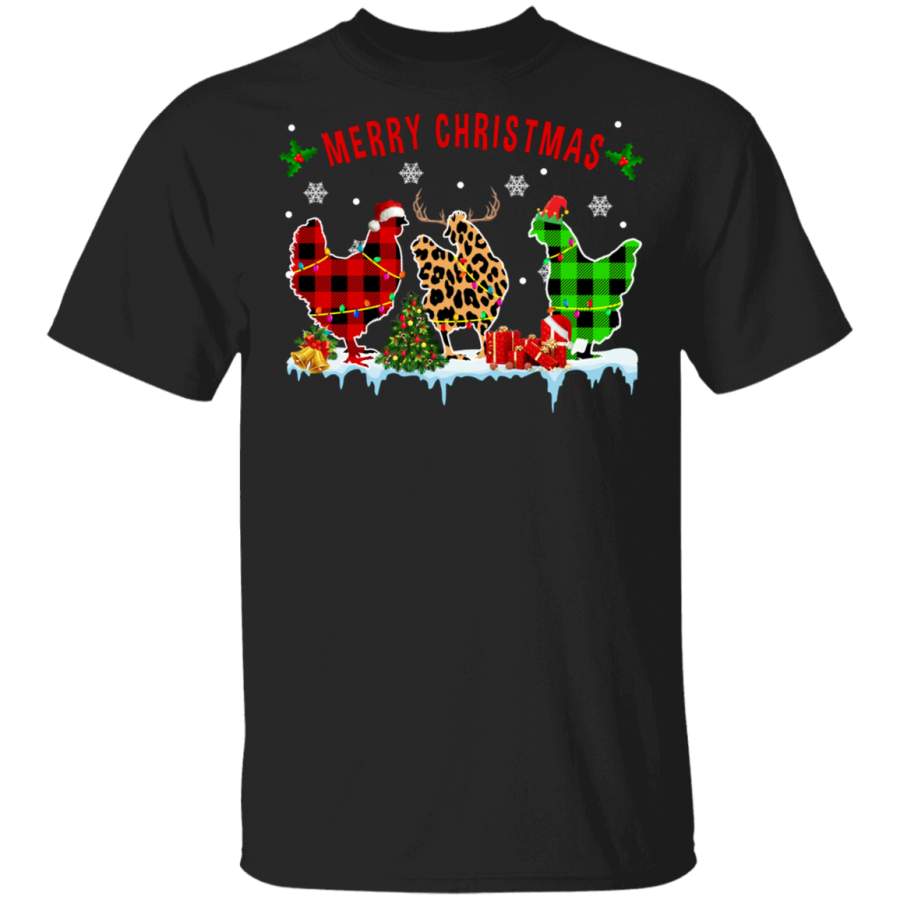 Christmas Chicken Shirt Merry Christmas Funny Christmas Santa Chicken Leopard Buffalo Plaid Lover Gifts T-Shirt