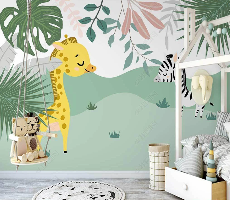 3D Cartoon Mountain Forest Animal Giraffe Wall Mural Wallpaper Lqh 359